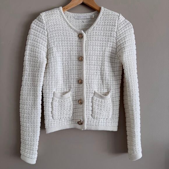 Bishop + Young Bristol Knit Gold Button Cardigan Sweater Ivory Size Small - Picture 1 of 7